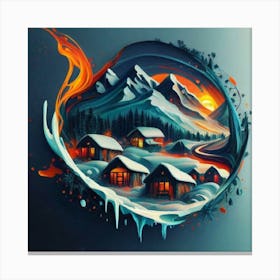 Abstract painting of a mountain village with snow falling 25 Canvas Print