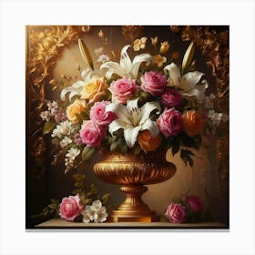 Gold Vase With Roses Canvas Print