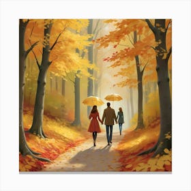 Couple Walking In The Autumn Forest Canvas Print