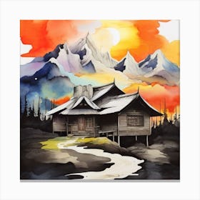 Abstract painting of a mountain village with snow falling 4 Canvas Print