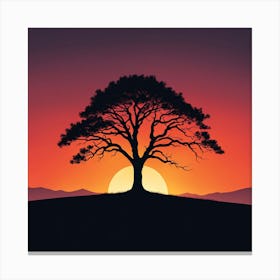 Silhouette Of A Tree At Sunset, A Minimalist Line Drawing Of A Lone Tree Silhouetted Against A Fiery Sunset Canvas Print