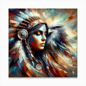 Native American Indian Woman With Hawk Canvas Print