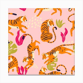 Tiger Pattern On Pink With Tropical Leaves Square Canvas Print