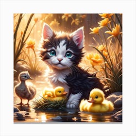 Little Kitten With Ducklings Canvas Print