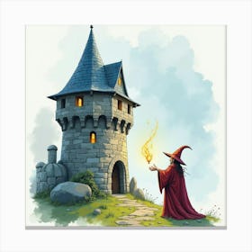 Watercolor Of A Wizard Casting Spells In A Stone Tower Canvas Print