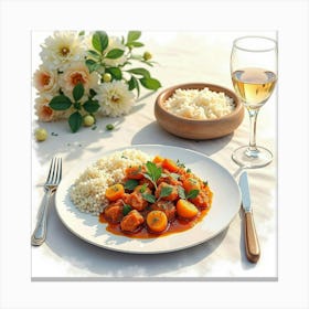 Watercolor Depiction Of A Savory And Aromatic Vegetable Curry On A Fine Dining Table Canvas Print