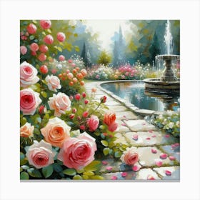 Roses In The Garden With The Fountain, Acrylic Style Painting 3 Canvas Print