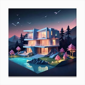 Papercut Illustration Sleek Modern Villa Design Canvas Print