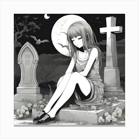 Anime Girl Sitting On A Grave Canvas Print