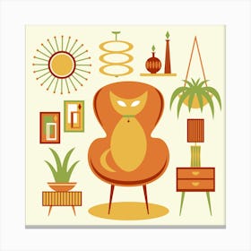 Midcentury Cat with Furniture Illustrated Canvas Print