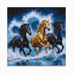 Three Lucky Horses Running In The Ocean Waves Canvas Print