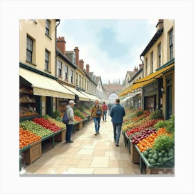 An English Morning Market With Fresh Produce And Shoppers, Watercolor Style 1 Canvas Print