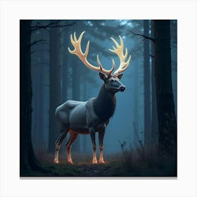 A Majestic Stag With Antlers Of Radiant, Bioluminescent Patterns Standing In A Surreal Forest Canvas Print