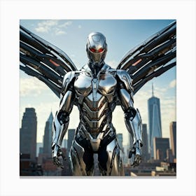 Futuristic Superhero Robot With Steel Wings Urban Background Cybernetic Enhancements With A High T Canvas Print