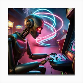 A Worn, Retro Futuristic Robot With Brass Accents And Visible Mechanical Joints Sits In A Dimly Lit, Smoke Filled Arcade, Its Glowing Red Eyes Fixed On A High Tech Video Game Console Displaying A Mesmerizing Neon Lit Virtual World (3) Canvas Print