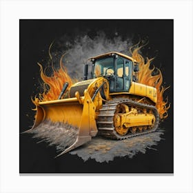 Yellow bulldozer surrounded by fiery flames 9 Canvas Print