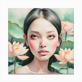 Asian Girl With Lotus 3 Canvas Print