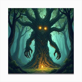 Giant Tree Spirit With Glowing Eyes, Guarding An Ancient Enchanted Forest 1 Canvas Print