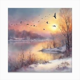 Birds Flying Over A Lake Canvas Print