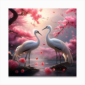 Two Cranes In Cherry Blossoms Canvas Print