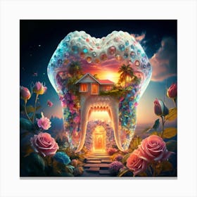 , a house in the shape of giant teeth made of crystal with neon lights and various flowers 5 Canvas Print