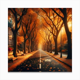 A Picture Of A Street With Trees In Fall Colors And Leaves On The Ground Canvas Print