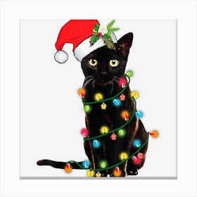 Santa Black Cat Tangled Up In Christmas Tree Lights Holiday Canvas Print