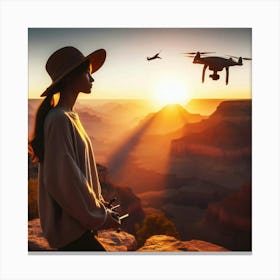 A Woman Travel Vlogger’s Pensive Moment: A Silhouette Overlooking the Grand Canyon with a Drone Camera in the Sky Canvas Print
