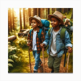 Two Boys Hiking In The Forest Canvas Print