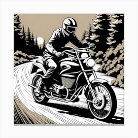 Motorcycle Rider In The Forest, black and white monochromatic art Canvas Print