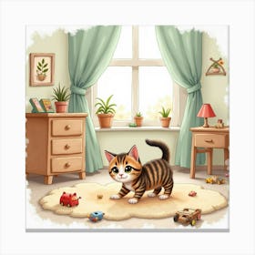 A Tabby Kitten Exploring A Child’S Playroom, Surrounded By Toys, Watercolor Canvas Print