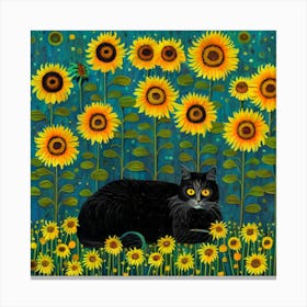 Gustav Klimt Inspired , Farm Garden With Sunflowers And A Black Cat 2 Canvas Print