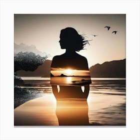 Sunset Silhouette Of A Woman Canvas Print