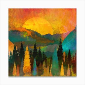 Trees Mountains Sun Sunrise Warm Canvas Print