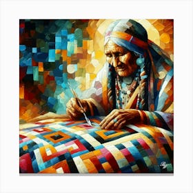 Elderly Native American Woman Quilting 2 Canvas Print