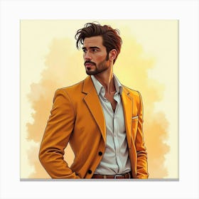 Sophisticated Man In Watercolor Attire, Golden Sunrise 1 Canvas Print