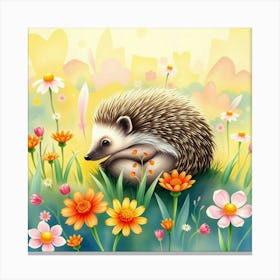 A Hedgehog Rolling In A Meadow Of Glowing Flowers, Set In A Bright Watercolor Landscape Canvas Print