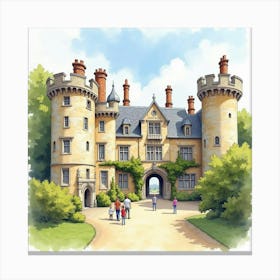 Watercolor View Of An English Castle Courtyard With Visitors And Tour Guides 1 Canvas Print