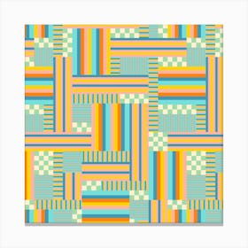 CHECKS AND STRIPES Retro Abstract Geometric Checkerboard Patchwork in Mid-Century Modern Summer Blue Green Orange Yellow with Mint and White Canvas Print