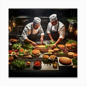 Overhead View Of A Burger Kitchen In Action Chefs Proudly Plating Gourmet Burgers Stunning Stainle 555813656 (2) Canvas Print