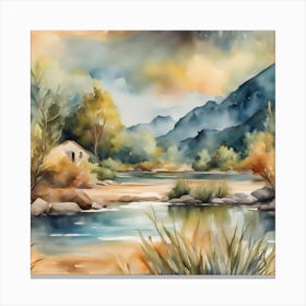 Watercolor Of A House In The Mountains Canvas Print