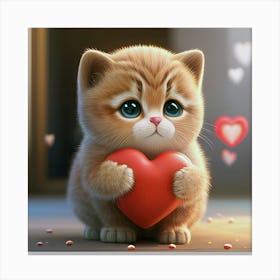 Cute Kitten Holding A Heart Canvas Print