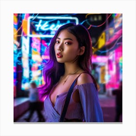 Asian Girl In Neon Lights Canvas Print