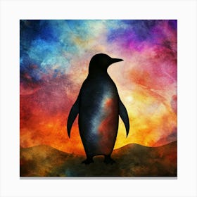 Silhouette Of A Penguin Against A Colorful Watercolor Sunset Canvas Print