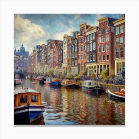 Amsterdam Canals - A canal scene in Amsterdam, with colorful houses lining the banks and boats floating by. The scene is rendered in a realistic, painterly style 1 Canvas Print