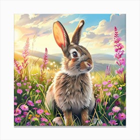 Rabbit Amongst Pink Flowers Canvas Print