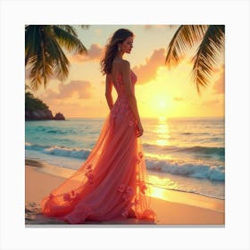 Fashionable Woman In Watercolor Gown, Tropical Beach Sunset 1 Canvas Print