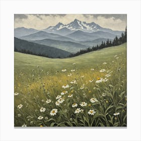 vintage oil painting of wild flowers in a meadow, mountains in the background 4 Canvas Print