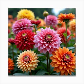 A Vibrant Garden Of Dahlias With Large, Colorful Blooms 4 Canvas Print