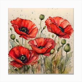 Vibrant Red Poppies With Alcohol Ink Painting Canvas Print